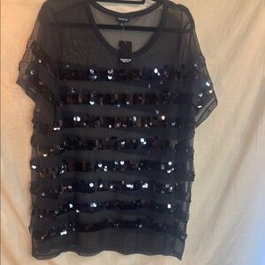 Torrid Sheer Mesh, Black Sequin Stripe Women's Crew Neck